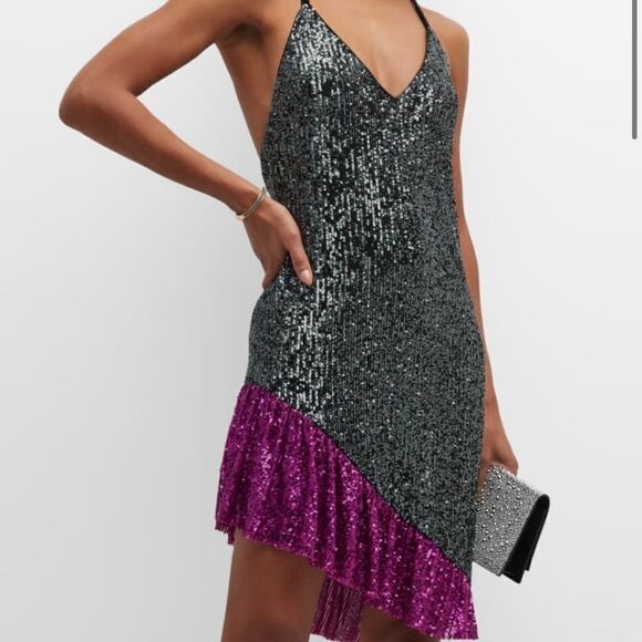 One33 Social Black & Purple Sequin Colorblock Backless Halter Dress - Picture 5 of 15